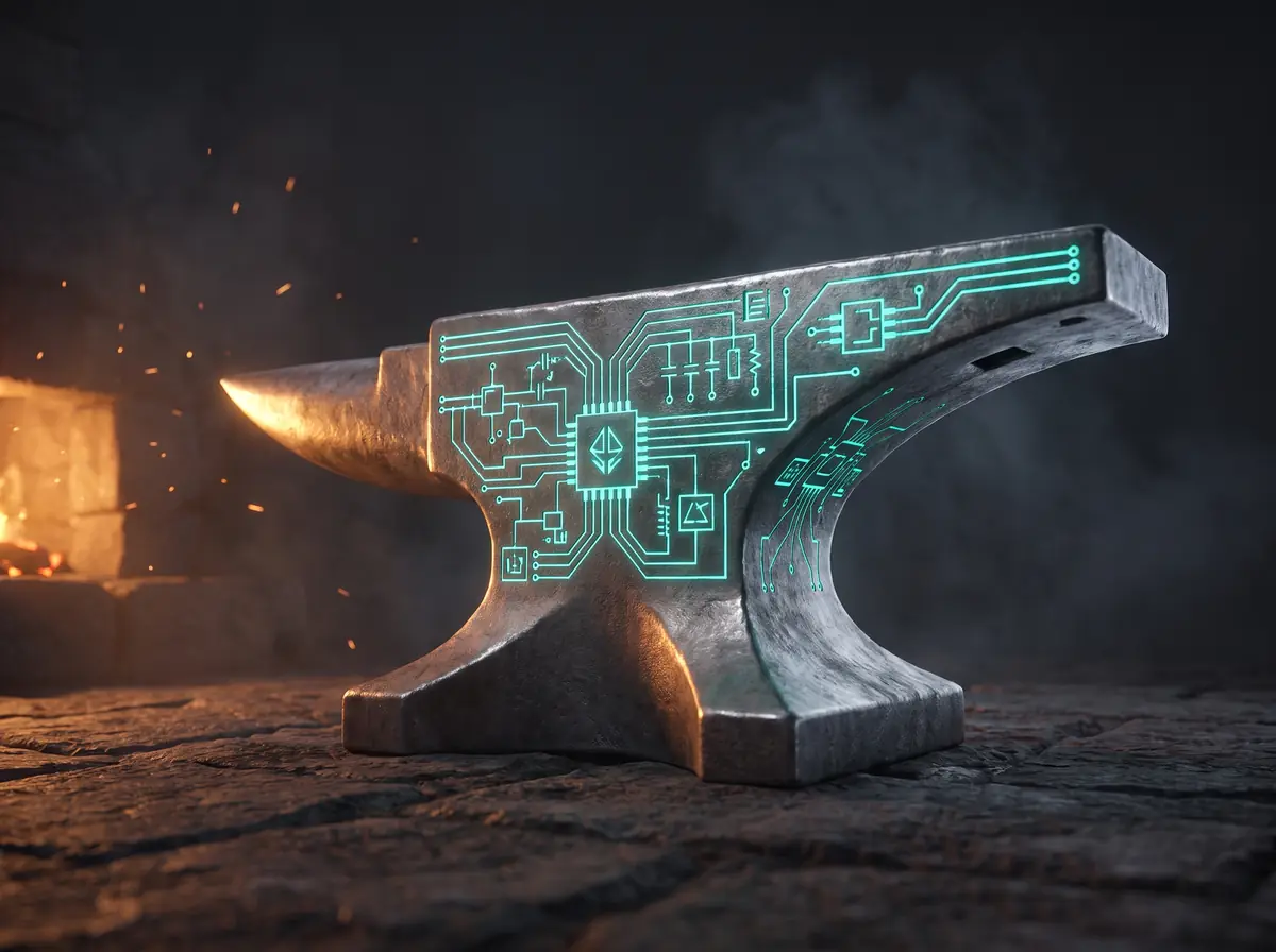A steel anvil engraved with glowing teal circuit lines, in a dark forge