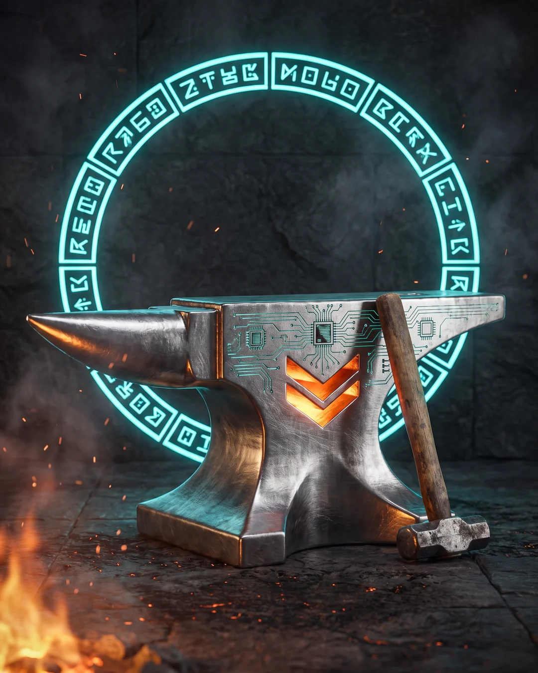 A steel anvil with a glowing chevron, in a ring of teal runes: bring us the problem and we shape the fix