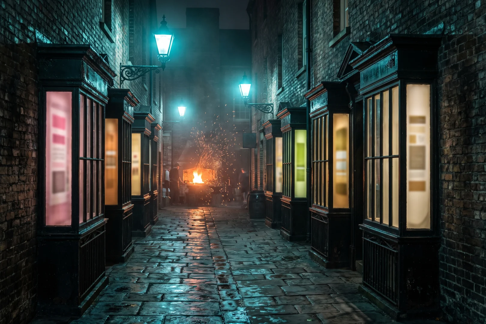 A lamplit forge lane at night, shop windows glowing on both sides: the way into Forge Lane