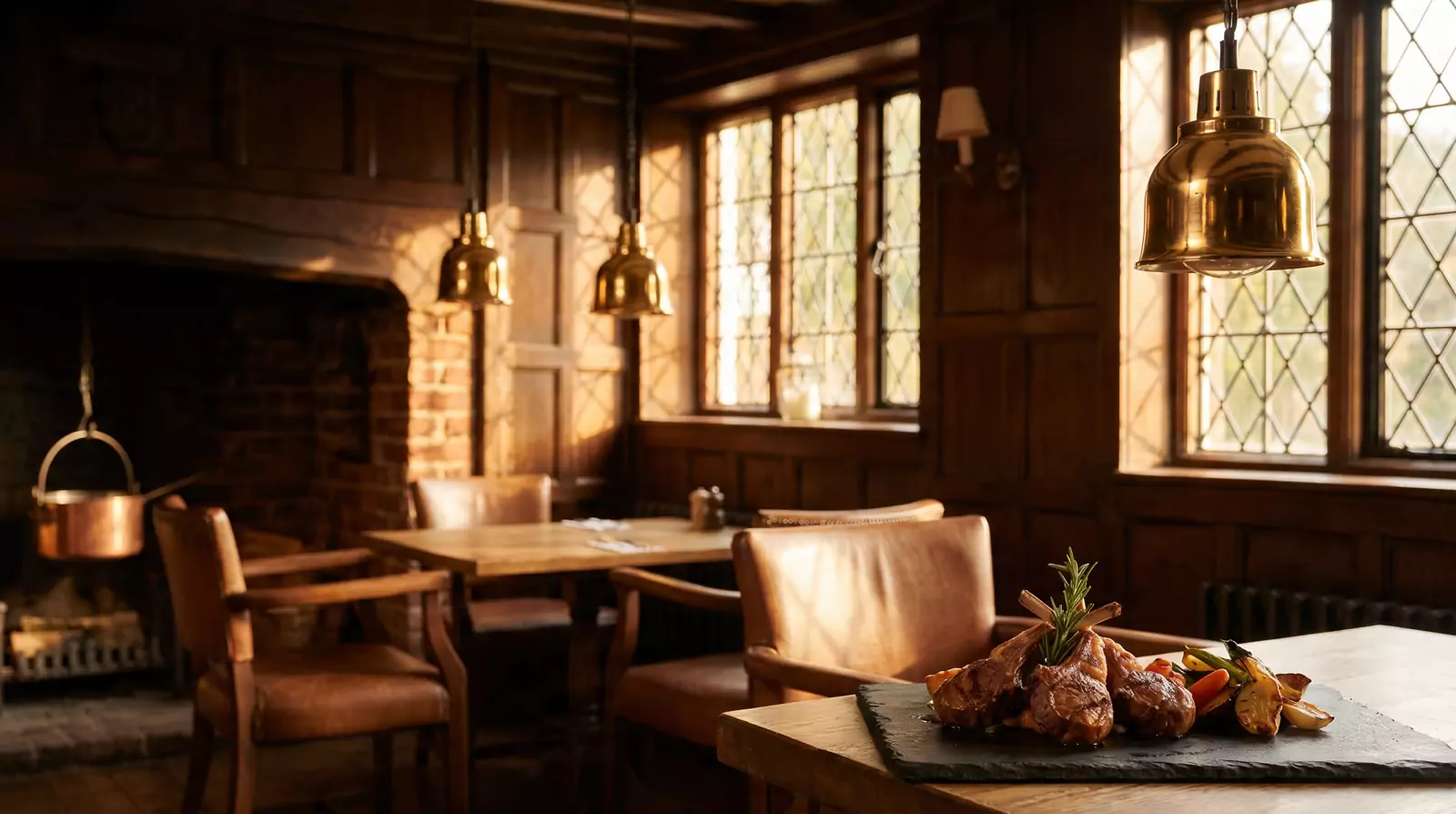 Warm Sevenoaks grill restaurant interior at golden hour