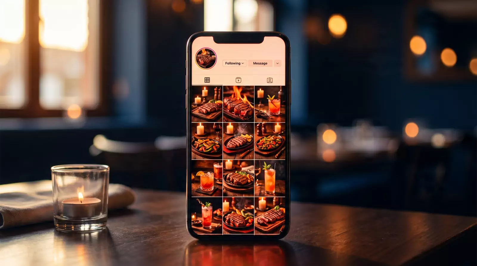 Restaurant Instagram content system on phone display at dusk