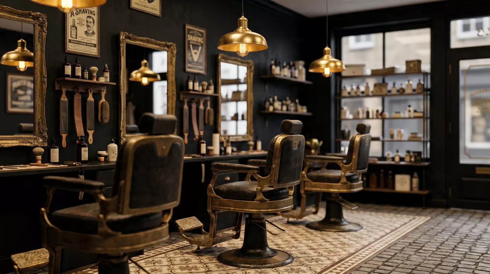 Traditional Sevenoaks barber shop interior with vintage leather chair under warm gold pendant lighting