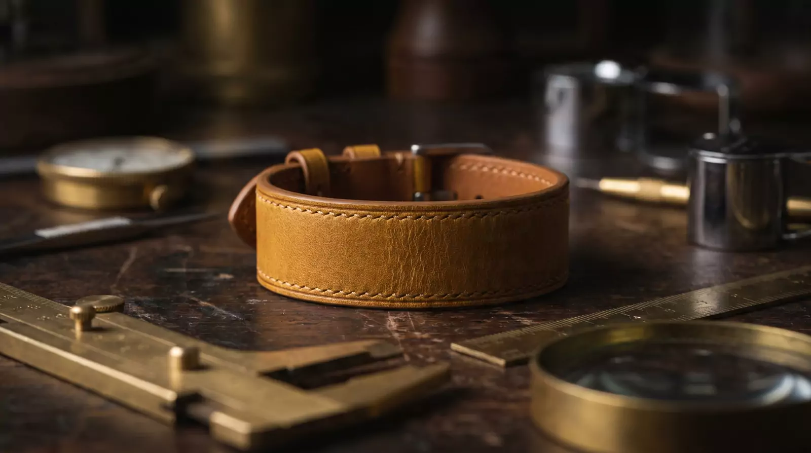 Luxury leather wristband macro close-up in artisan workshop