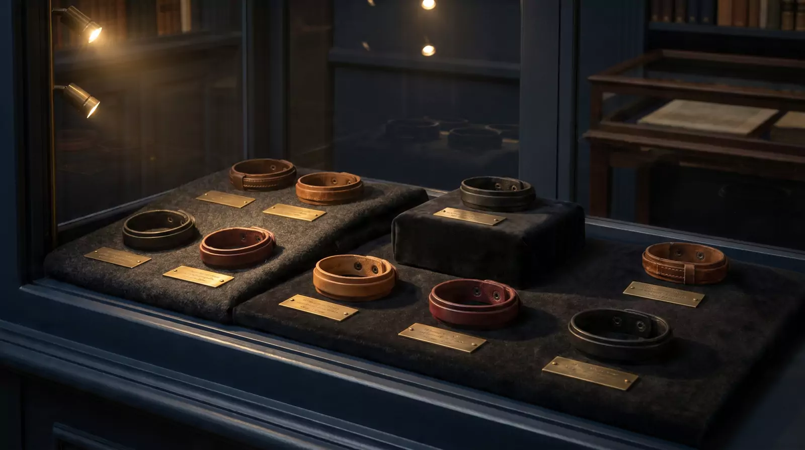 Luxury leather wristbands curated like specimens on dark museum-grade fabric