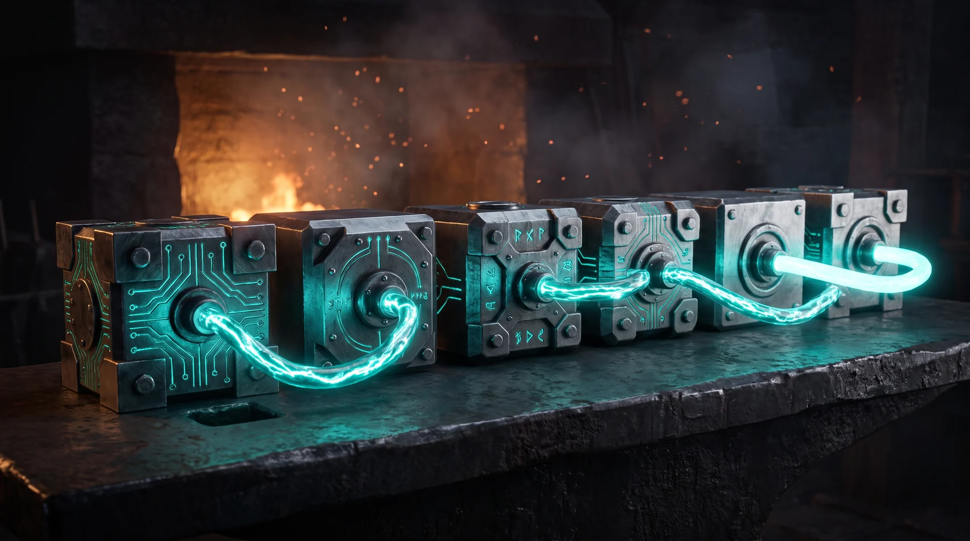 Six forged steel engine modules in a row on a forge workbench, linked in sequence by glowing teal conduits