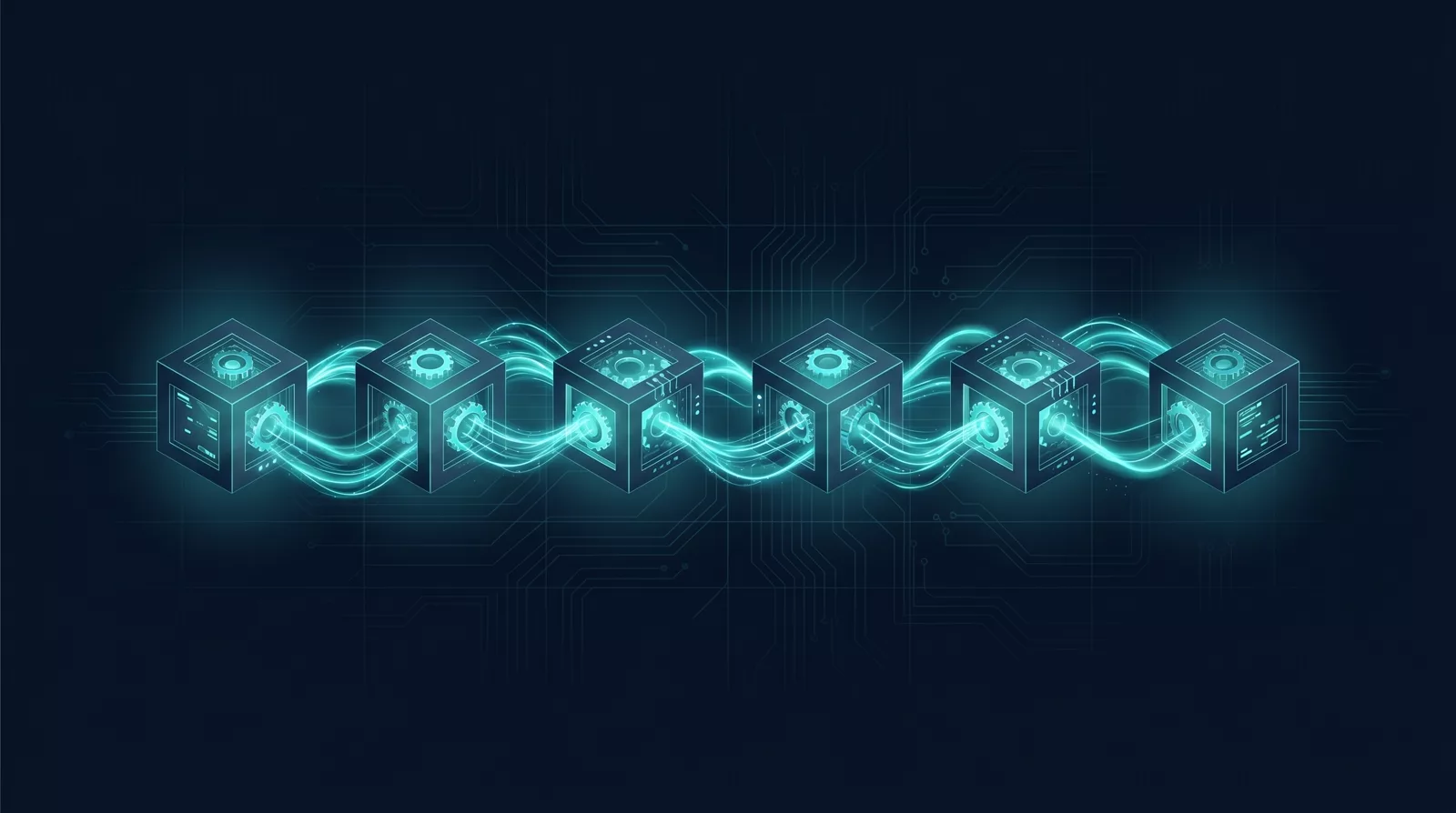 Abstract visualisation of six connected engine modules with teal data streams flowing between them in sequence