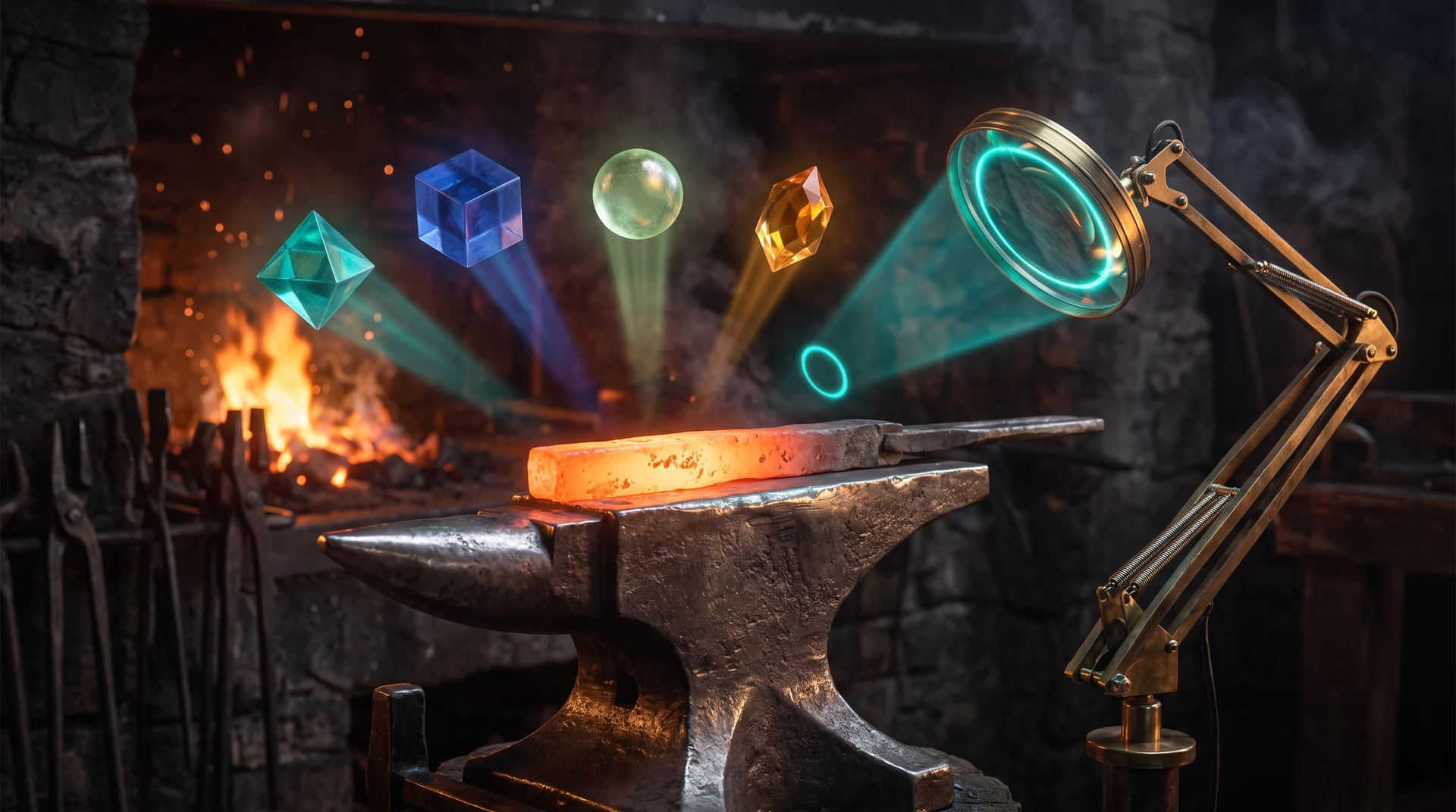Four different glowing cores shaping one piece of steel on an anvil, while a separate lens checks the result