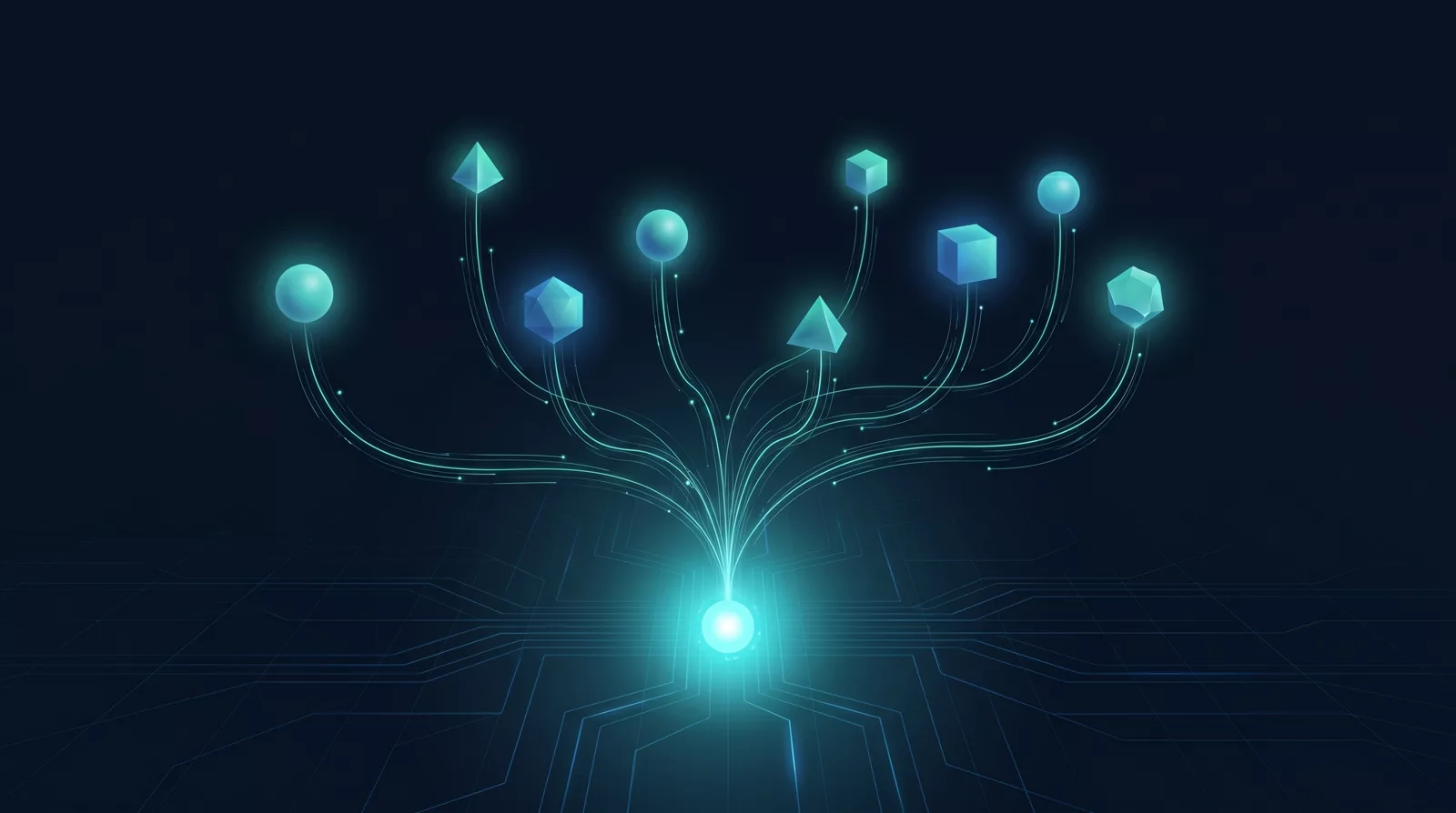 Several distinct AI model nodes routing and converging into one unified system output