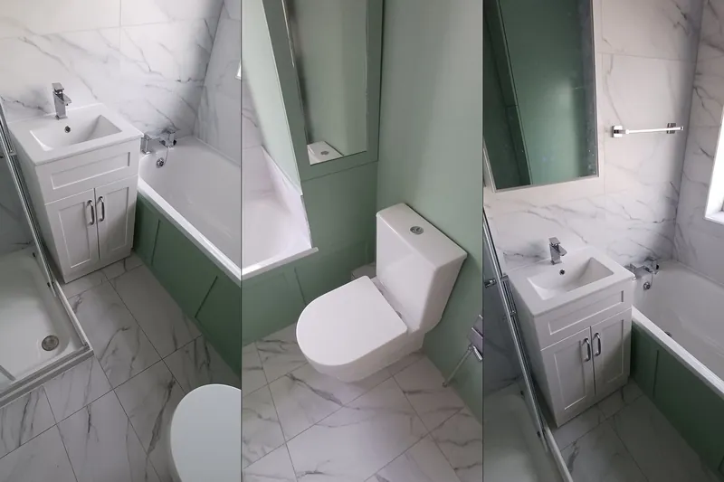 Three bathrooms fitted by Shepherd-Prince: marble tiles, a green bath panel and a white vanity