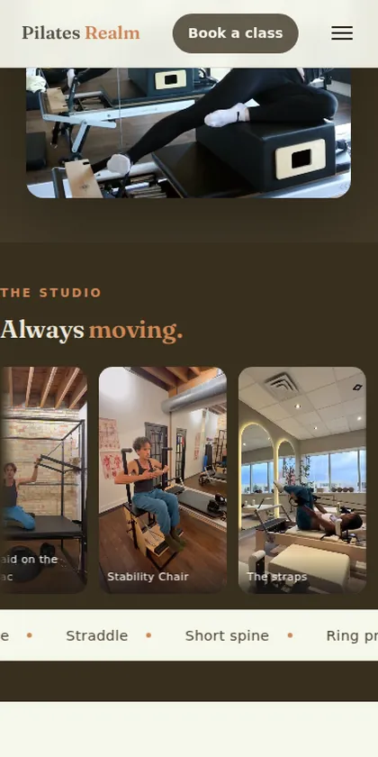 The Pilates Realm website on a phone